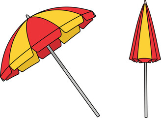 Colorful beach umbrella illustration, red and yellow sunshade design, summer outdoor shade accessory, beach vacation artwork, folded and open parasol