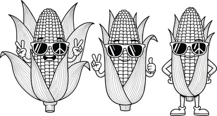 Cute corn cartoon characters, peace sign vegetable mascots, maize illustration with sunglasses, fun food artwork, playful agriculture design, smiling cob figures