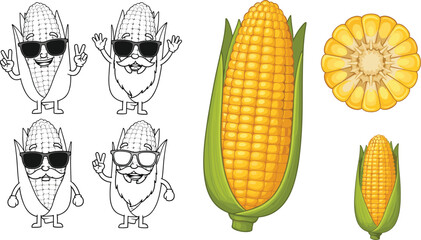Cute corn cartoon characters, sunglasses vegetable mascots, maize illustration set, fresh corn cob artwork, sliced kernel detail, fun food design collection
