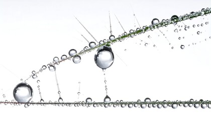 Close-up of water droplets clinging to blades of grass against white