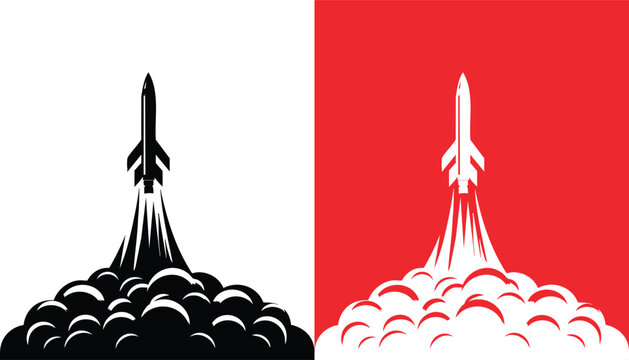 Rocket Taking Off with a powerful exhaust Smoke Clouds vector illustration isolated on a white background