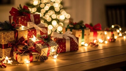 A festive display of christmas gifts with ribbons and lights on a wooden surface near a christmas tree