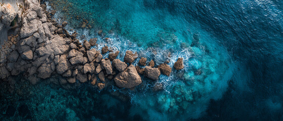Aerial view of rocky coastline meeting vibrant blue waters, showcasing the natural beauty and clarity of the ocean.