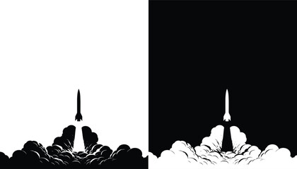 Rocket Taking Off with a powerful exhaust Smoke Clouds vector illustration isolated on a white background