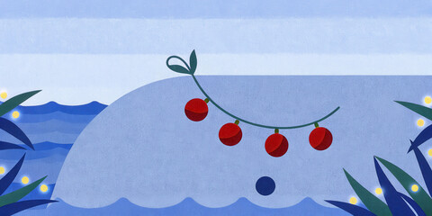 Tropical Christmas whale concept. Whimsical illustration of a whale with decorative elements in a blue ocean scene.
