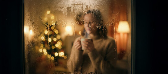 Warm winter scene viewed through a foggy window where a woman holds a hot drink beside a softly lit Christmas tree, conveying festive comfort, seasonal coziness and intimate holiday atmosphere.