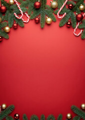 Festive Christmas background featuring fir branches, candy canes and colorful baubles arranged around a bright red center, providing a cheerful seasonal frame ideal for holiday designs and promotions.