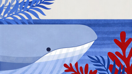 Tropical Christmas whale concept. Whale illustration surrounded by blue water and colorful aquatic plants.