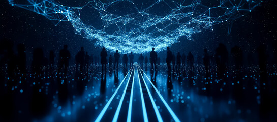 People stand in a dark digital space filled with glowing lines and nodes that form a vast neural-like network stretching overhead in a futuristic immersive environment.