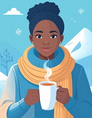 Young black woman drinking a warm cup of tea, wearing blue sweater and a scarf, winter outdoors