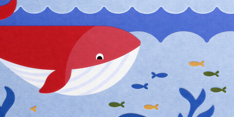 Tropical Christmas whale concept. A colorful illustration of a red whale swimming amidst smaller fish and waves.