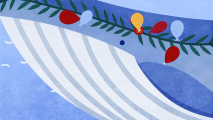 Tropical Christmas whale concept. Vibrant mural featuring a whale with colorful decorations against a blue background.