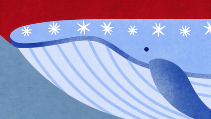 Tropical Christmas whale concept. Elegant whale illustration featuring waves and star motifs in vibrant colors.