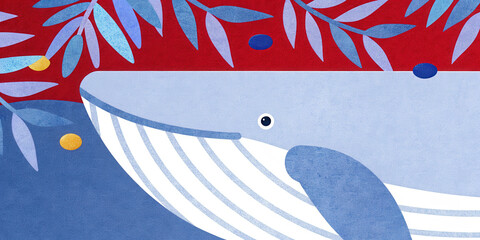 Tropical Christmas whale concept. Whale illustration with vibrant colors and abstract foliage in the background.