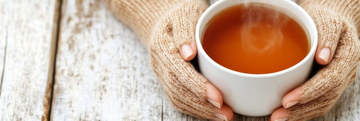Cozy Autumn Scene with Hands in Knitted Mittens Holding a Warm Tea Cup on Rustic Wood Table