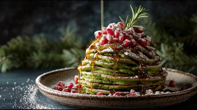 Christmas Pancake Stack with Pomegranate and Dusting Sugar