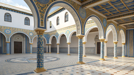 Horseshoe arches, blue & gold motifs, courtyard-style patterned flooring.