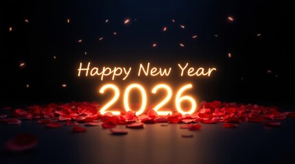 Glowing Happy New Year 2026 on Rose Petals
