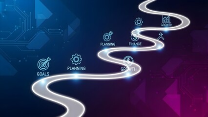 A winding road illustration with business icons on a blue and purple background