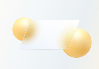Minimal glass banner with soft golden spheres on a light background.