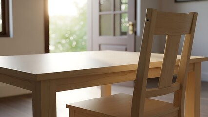 A light wood table and chair set in a bright room with a door leading to an outdoor space seen through
