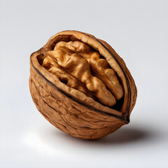A single partially opened walnut with its textured kernel clearly visible isolated on white background