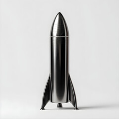 A sleek metallic rocket ship with fins stands tall and proud isolated on white background