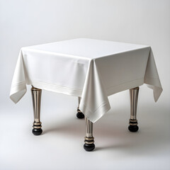 A square white tablecloth draped elegantly over a wooden table with decorative legs isolated on white background