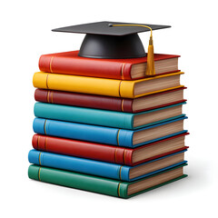 A stack of colorful hardcover books topped with a graduation cap isolated on white background
