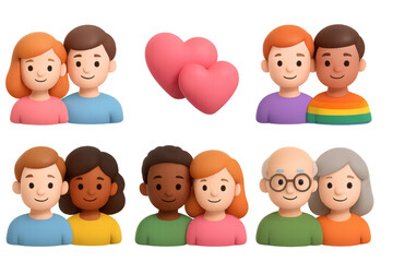 Fototapeta premium Diverse couples icons set with heart shapes for love and relationship design projects