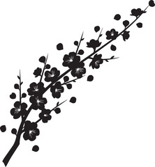 Black silhouette of a blooming cherry blossom branch against a white background