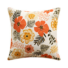 Decorative square pillow with vibrant orange and yellow floral pattern isolated on white background