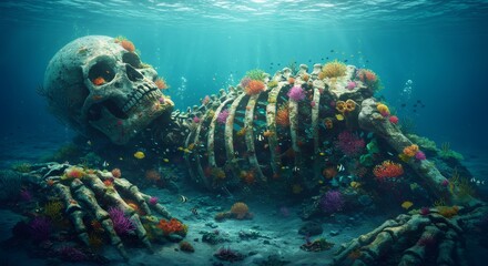 Giant skeleton covered in colorful coral lying on ocean floor. Underwater fantasy scene for digital art and environmental conservation concept.