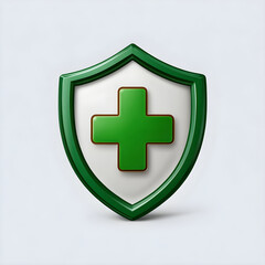 Green shield with plus symbol representing health and safety isolated on white background