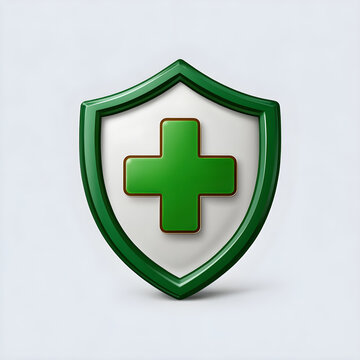 Green shield with plus symbol representing health and safety isolated on white background