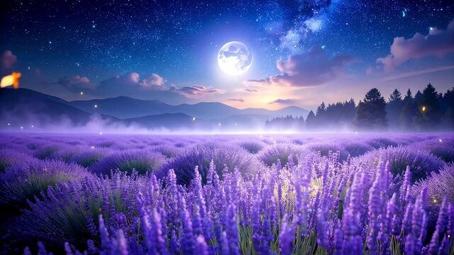 夜風に揺れるラベンダーと月明かり【ローアングル】