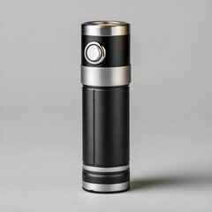 Sleek black cylindrical electronic device with silver accents isolated on white background