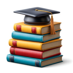 Stack of colorful hardcover books topped with a graduation cap isolated on white background