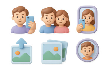 Cartoon icon set of selfies and photo sharing for social media design