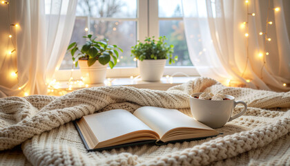 Holiday vibes, Cozy morning study nook with open journal, cup of hot cocoa, fairy lights