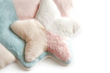 A star-shaped carpet made of soft material is placed on the floor. The carpet features pastel colors of blue, pink, and white. It can add charm to any room, perfect for kids or cozy areas