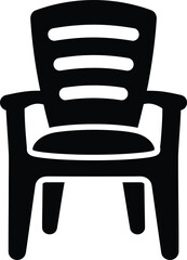 Simple black silhouette icon of a modern plastic patio armchair isolated on a white background