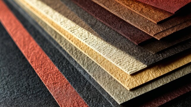 Medium shot focusing on a collection of heavy textured premium paper stocks with rich tones ideal for elegant business cards and stationery.