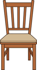 A simple wooden dining chair with a padded seat and slatted backrest isolated on white