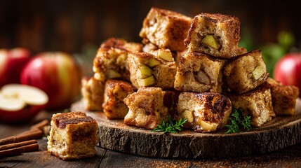 Cinnamon-apple French toast bites on deep forest background, right copy space