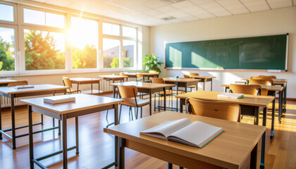 Holiday vibes, Empty classroom bathed in soft morning sunlight, warm wooden desks