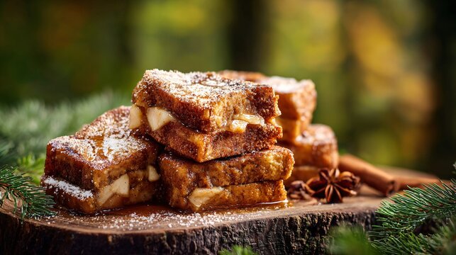 Cinnamon-apple French toast bites on deep forest background, right copy space