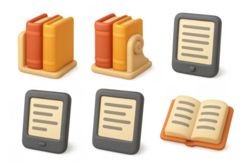 Cartoon reader and book icons set for digital library design and educational projects