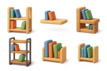 Cartoon shelf icons collection featuring simple compositions of colorful books for decoration or design