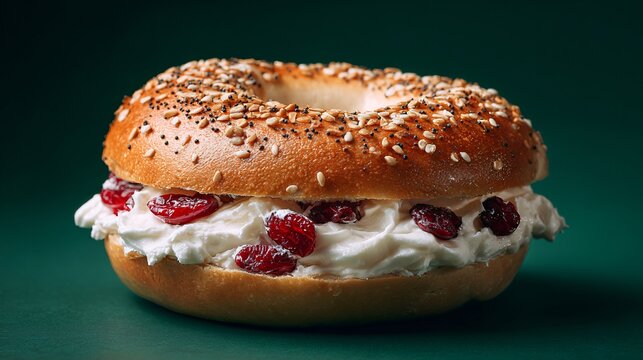 Cranberry bagel with cream cheese on deep forest-green background, open bottom space